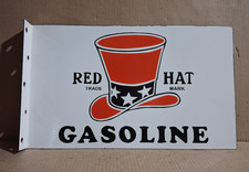 Red Hat Gasoline Porcelain Enamel Sign  18 x 10 Inches 2 Sided picture