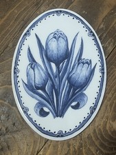 Vintage Delft Hand Painted Tulip Wall Plaque Blue White Dutch Ceramic 7” picture