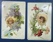 SET 2 Children Greetings Antique Postcards. EMB. Flowers. Gold Hearts picture