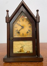 Antique Wm L Gilbert Gothic Steeple Mantel Clock Windmill Glass As Is Repair 11” picture