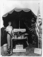 Photo:1930s Beach Wieners Food Vendor Woman Umbrella Stand Signage USA picture