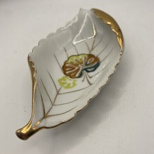 VTG Ucago Handpainted Curled Leaf Shape Gold Trim Floral Trinket Dish 6.25”x3.25 picture
