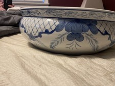 Blue and White Porcelain Chinoiserie Planter 14 In Wide 5 In Tall Vintage picture