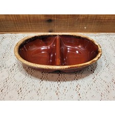 Vintage Hull Pottery Brown Drip Divided Casserole Dish Oval Bowl Oven Proof A picture