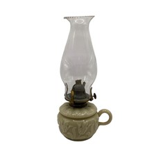 Vintage Custard Green Milk Glass Handled Oil Lamp Floral Design Farmhouse Decor picture