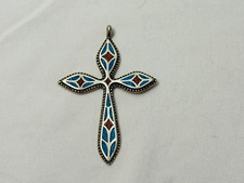 Signed Beautiful Sterling Silver Turquoise Multi-Color Cross Pendant Jewelry picture