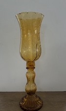 Vtg 17.5” Tall Amber Glass Candleholder W/Floral Hurricane Globe picture