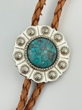 Vtg Western Bolo Tie Blue Stone Silver Tone Concho Cowboy Rodeo Southwestern picture