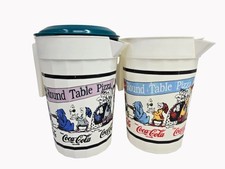 Vintage Round Table Pizza Coca-Cola Plastic Pitchers Medieval Graphics Set of 2 picture
