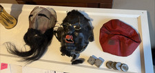 Antique Odd Fellows Ceremonial Mask Hand Painted Wire Mesh C. 1900 Hat Dice LOT picture