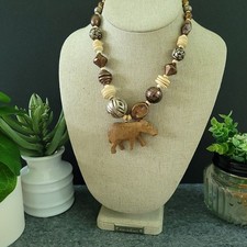 Vintage 1970s-80s African Folk Art Carved Wood Warthog Necklace 16in picture