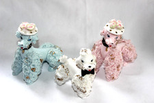 3 Vintage 1950s Vintage Light Blue Pink White Spaghetti Poodle Figurine set picture