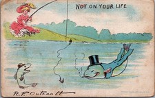 R.F. Outcault 1908 Comic Postcard NOT ON YOUR LIFE Fishing Fish Suit Cigar picture