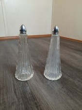 Vintage IRICE Tall Crystal Salt & Pepper Shakers Tapered Vertical Ribbed Japan picture