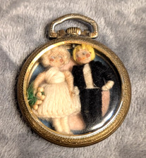 Antique Repurposed Pocket Watch Case Yarn Doll Wedding Miniature Glass Shadowbox picture