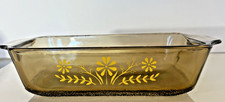 Vintage Glasbake Smoked Amber Glass Yellow Daisy Flower Loaf Pan Casserole Dish picture