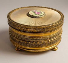 VTG Apollo Ormolu Trinket Box w/ Guilloche Enamel Pink Roses Glass Insert picture