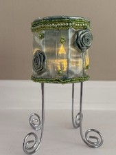Bohemian Style Emerald Green Beaded Candle Holder W/Applied Flowers & Candle 7” picture
