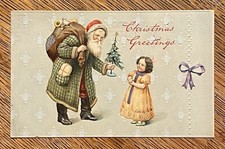 RARE Santa PLAID Coat Offers Christmas TREE to GIRL—Antique Embossed Postcard picture