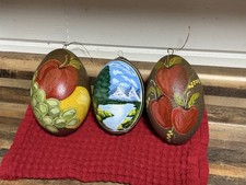 Vintage Hand Painted Real Emu Egg Ornaments Set of 3 Fruit Landscape Signed 1992 picture