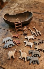 17 Piece Set Vintage Noah's Ark Boat Set Handmade Primitive Style, Noah Ship picture