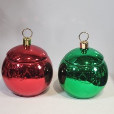 Vintage Teleflora Red & Green Christmas Balls Ornament Candy Jar Dip Bowl 2pc picture
