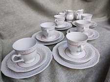 Vintage Eschenbach Bavaria Tea Set Red Dots Pink Garland Quilted Relief Cottage picture