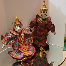 Asian Cultural Dancer Figurines Set of 2 Multicolor Wood Marionettes picture