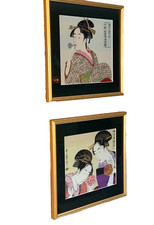 Exquisite Early Mid Century Pair Original Japanese Geisha Beauties Woven In Silk picture