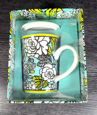 Vera Bradley Porcelain Mug w Cover Island Blooms Blue Green Floral Design NEW picture