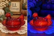Mosser Red Amberina Mini Hen On Nest Glass Salt Cellar Chicken UV Glow picture
