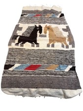 Vintage Woven Wool Blanket Horse Motif Stripes Native American 64