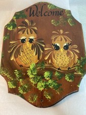 Vintage Owl Wooden Sign Hand Painted MCM Kitsch Big Eye Bird Rustic Primitive picture