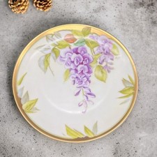 Vintage PNT BAVARIA Hand Painted Heavy Gold Plate W Purple Flowers Signed 8.5