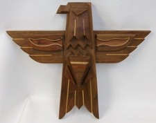 Vintage Stylized Thunderbird Inlaid Wood Carved Totem Style Plaque picture