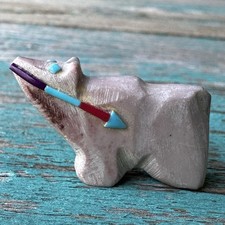 VTG Zuni Bear Fetish 1.25 Inch Mini Soapstone Turquoise Coral Purple Sugilite picture