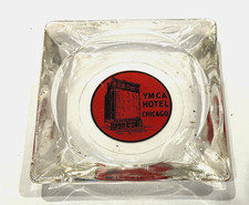YMCA HOTEL CHICAGO ILL ADVERTISING RED BLACK ASHTRAY CLEAR GLASS 3.5