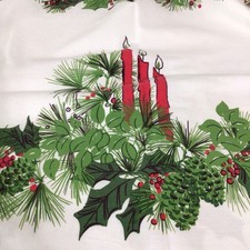 Mid Century Vintage Tablecloth Poinsettias Candles Holly Pine 58x74 ~ ISSUES picture