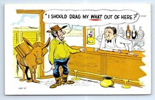 Man Donkey Bar DRAG MY WHAT OUT OF HERE? Comic Joke Postcard c.1950 Laff Gram picture