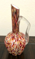 Antique Blown Cased Splatter Art Glass Pitcher Vase/Applied Ribbed Handle picture