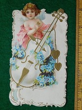 1870s-80s Lovely Angel Cherub Musical Bass Hearts Victorian Trade Card F0 picture