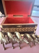 Antique Solid Brass Camel Figurine Set With Ornate Box picture