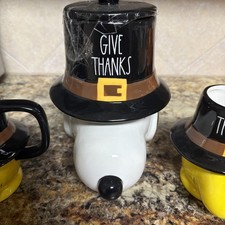 2024 Rae Dunn x Peanuts Snoopy Give Thanks Cookie Jar with 2 woodstock mugs picture