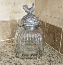 Vintage Artland  Ribbed Glass Canister with Rooster Lid Pewter Farmhouse picture