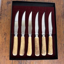 Vintage Sheffield England Stag Handle Steak Knives – Set of 6 in Original Case picture