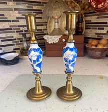 Pair Brass & Blue/White Floral Porcelain Taper Candle Holders Candlesticks picture