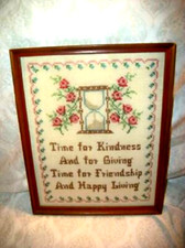 1930s LINEN CROSS STITCH SAMPLER FRIENDSHIP MOTTO ROSES HOURGLASS PERIOD FRAME picture