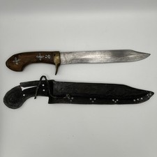Antique Philippine Fighting Knife Dagger Carved Wood Pistol Grip Tooled Sheath picture
