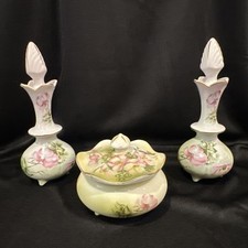 Nippon Vanity Set Of Two Perfume Bottles And Powder Box, Hand Painted picture