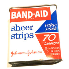 Band-Aid Sheer Strips Metal Tin, Value Pack 70 Bandages Johnson &Johnson Vintage picture